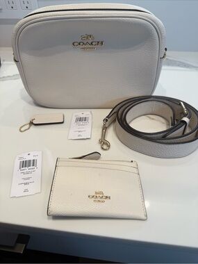 Coach Ivory Pebbled Leather Camera Crossbody with Card Case and Strap